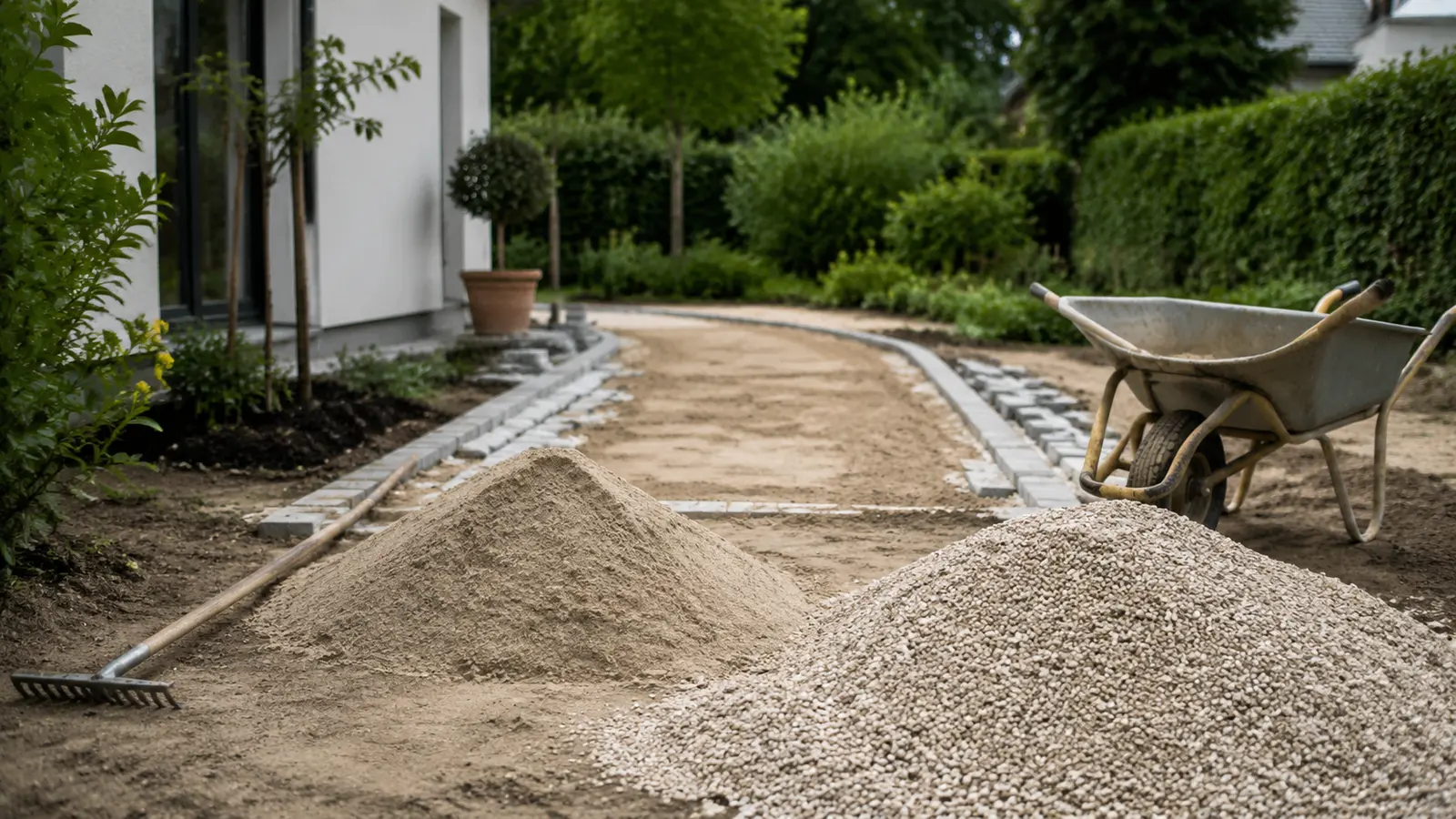 Bunker af sand og grus ved en nyanlagt havegang med trillebør og rive